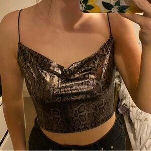 H& M Divided Metallic Brown Snake-Print Cowl Neck Crop Top size large